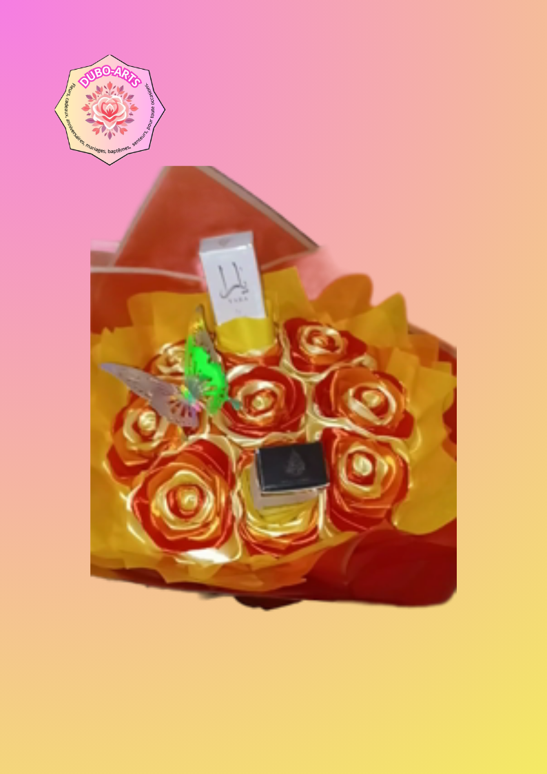 BOUQUET DE 9 ROSE ORANGE,JAUNE,ROUGE ET C EST RON OLL