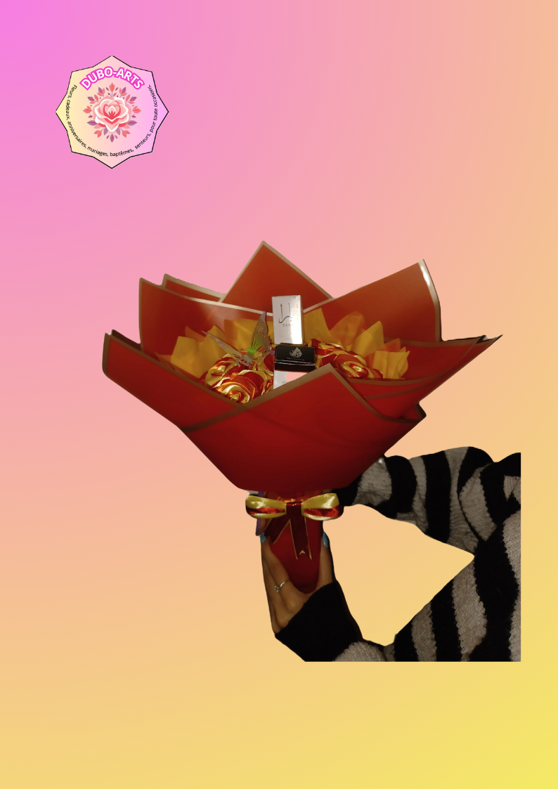 BOUQUET DE 9 ROSE ORANGE,JAUNE,ROUGE ET C EST RON OLL