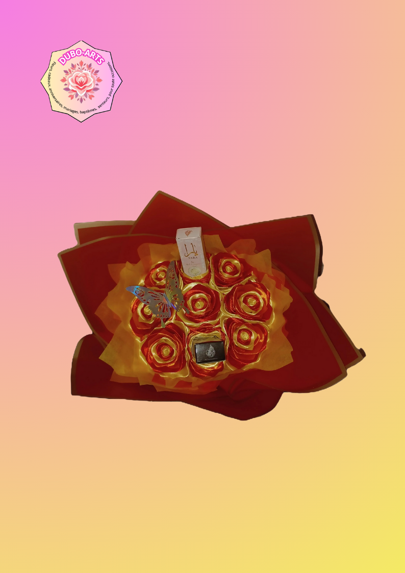 BOUQUET DE 9 ROSE ORANGE,JAUNE,ROUGE ET C EST RON OLL