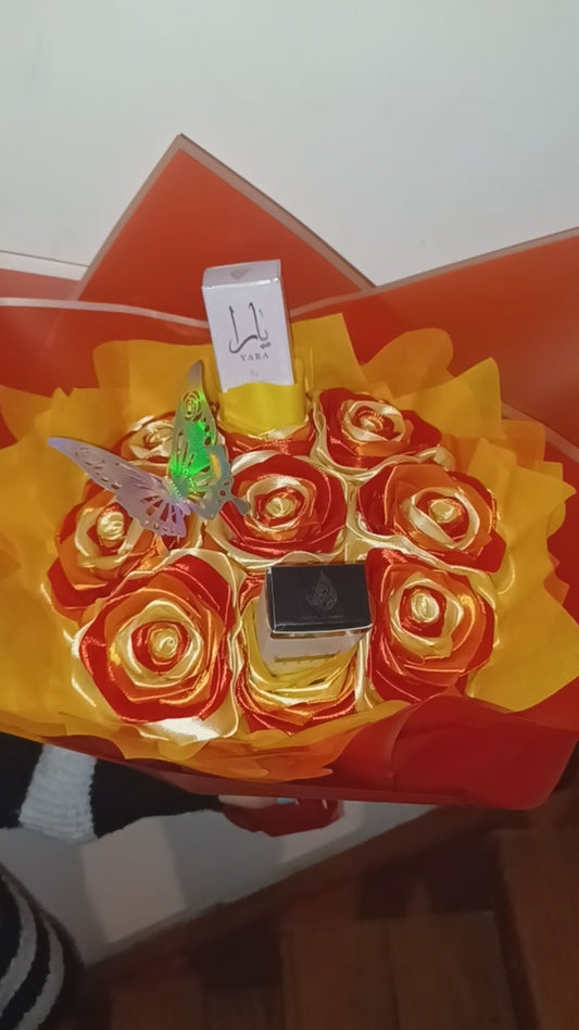 BOUQUET DE 9 ROSE ORANGE,JAUNE,ROUGE ET C EST RON OLL